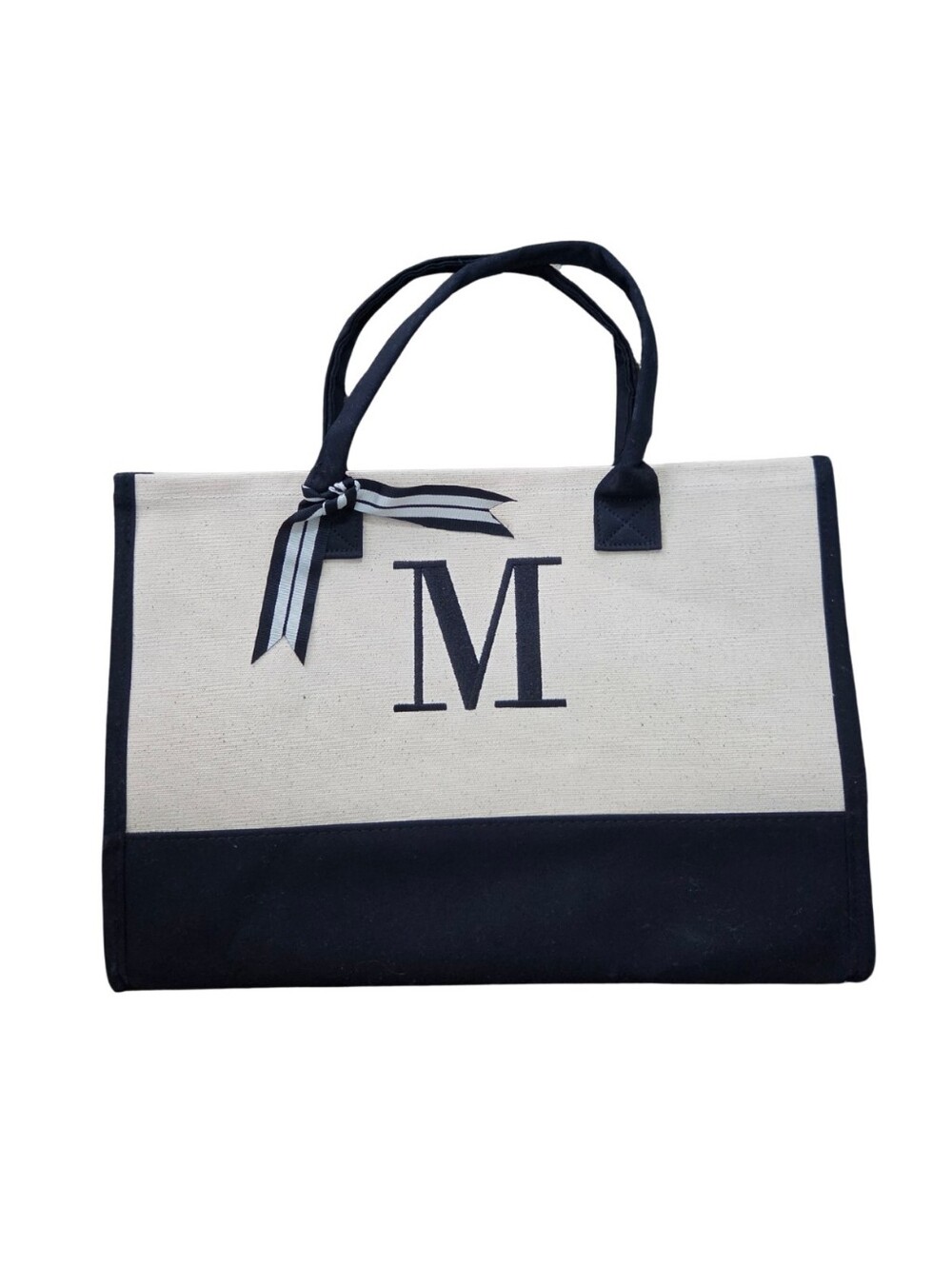 Mud Pie Black and Light Beige Canvas Tote Bag (M) 17" W x 7" D x 11.5" H Letter